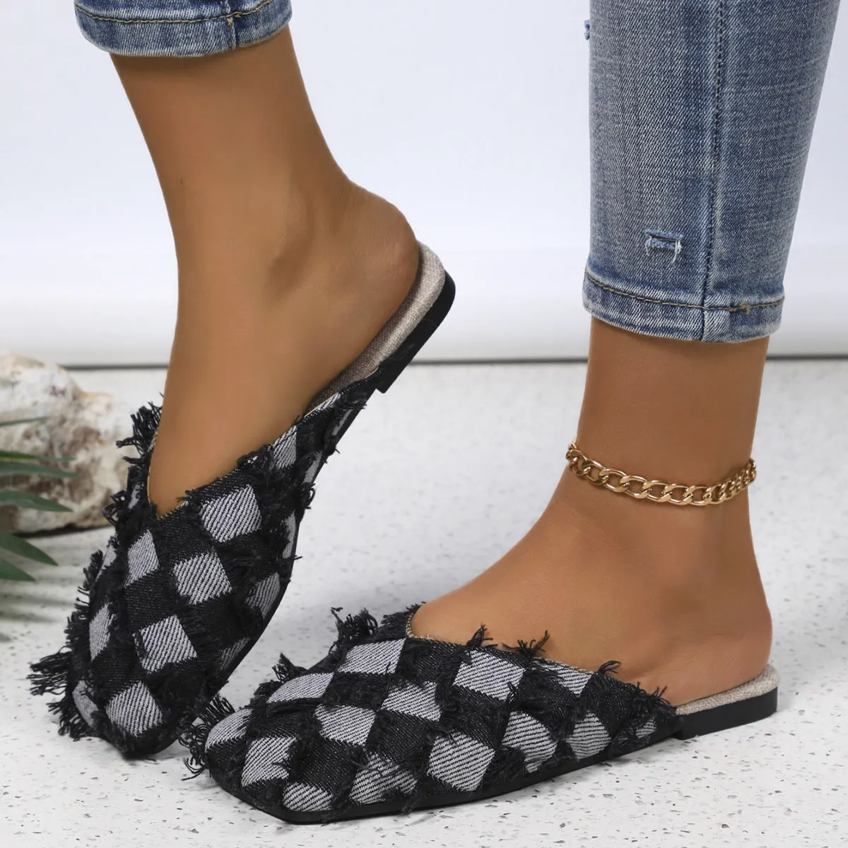 Hazel Blues® |  Plaid Square Toe Flat Slippers