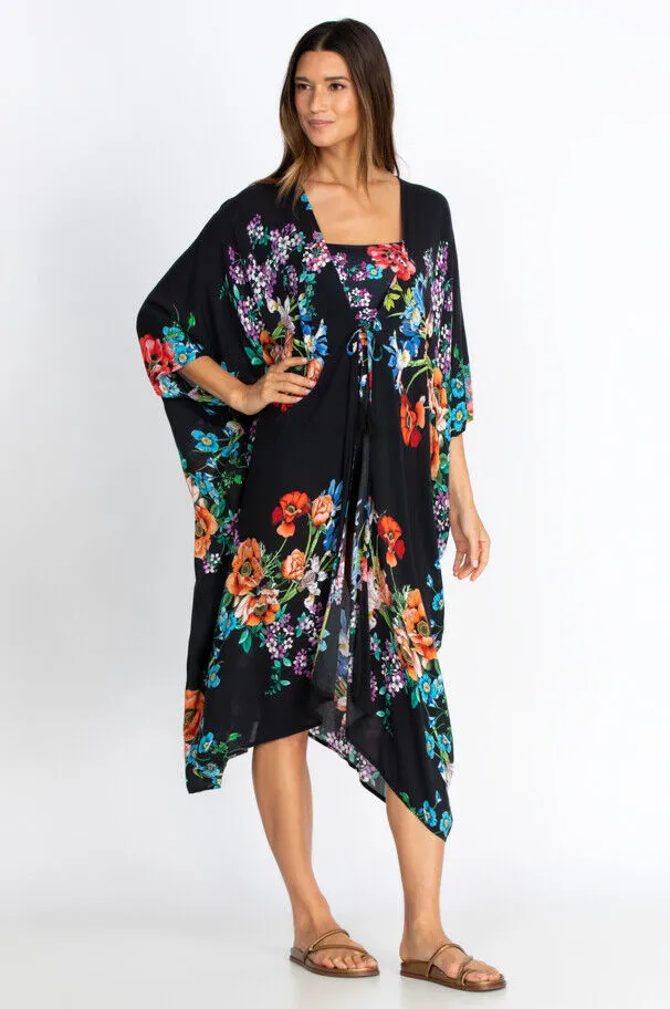 Jonny Was FLOWER ARCH MIDI KIMONO Floral Black Swim Dress New