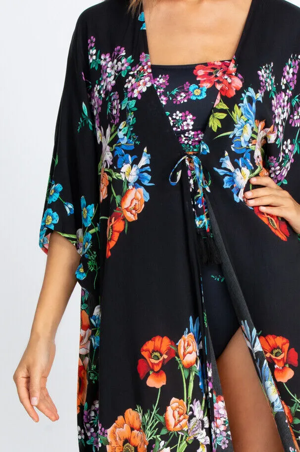 Jonny Was FLOWER ARCH MIDI KIMONO Floral Black Swim Dress New