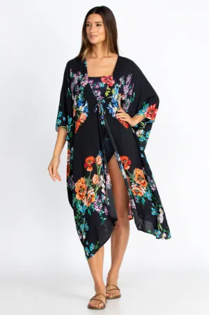 Jonny Was FLOWER ARCH MIDI KIMONO Floral Black Swim Dress New