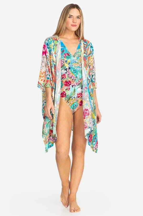 Jonny Was PEACRE SHORT KIMONO MAXI KAFTAN Dress Floral Blue Pastel New