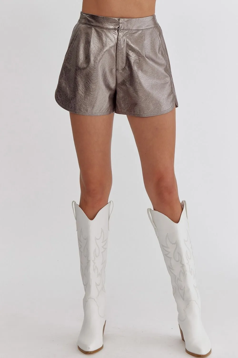 Julissa Metallic Faux Leather Elastic Waist Shorts (Gun Metal)