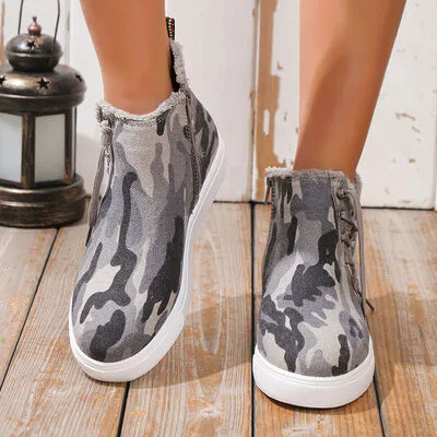 Lace-Up Round Toe Canvas Boots with Side Zip