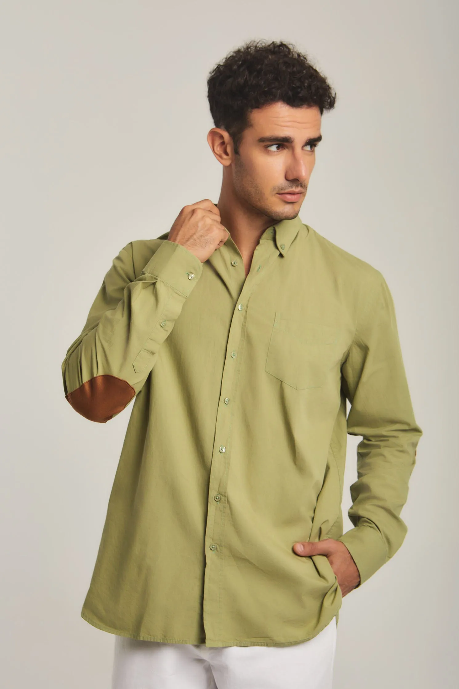 Men Shirt Long Sleeve Cotton, Regular Fit Green