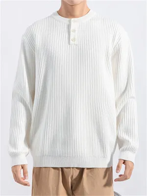 Men's Soft Comfort Henley Collar Solid Ribbed Sweater