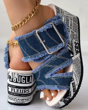 Newspaper Buckled Denim Wedge Slippers
