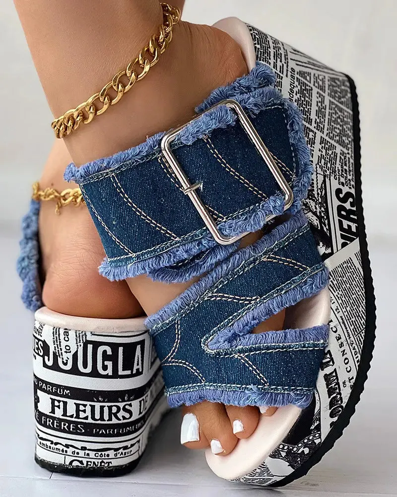 Newspaper Buckled Denim Wedge Slippers