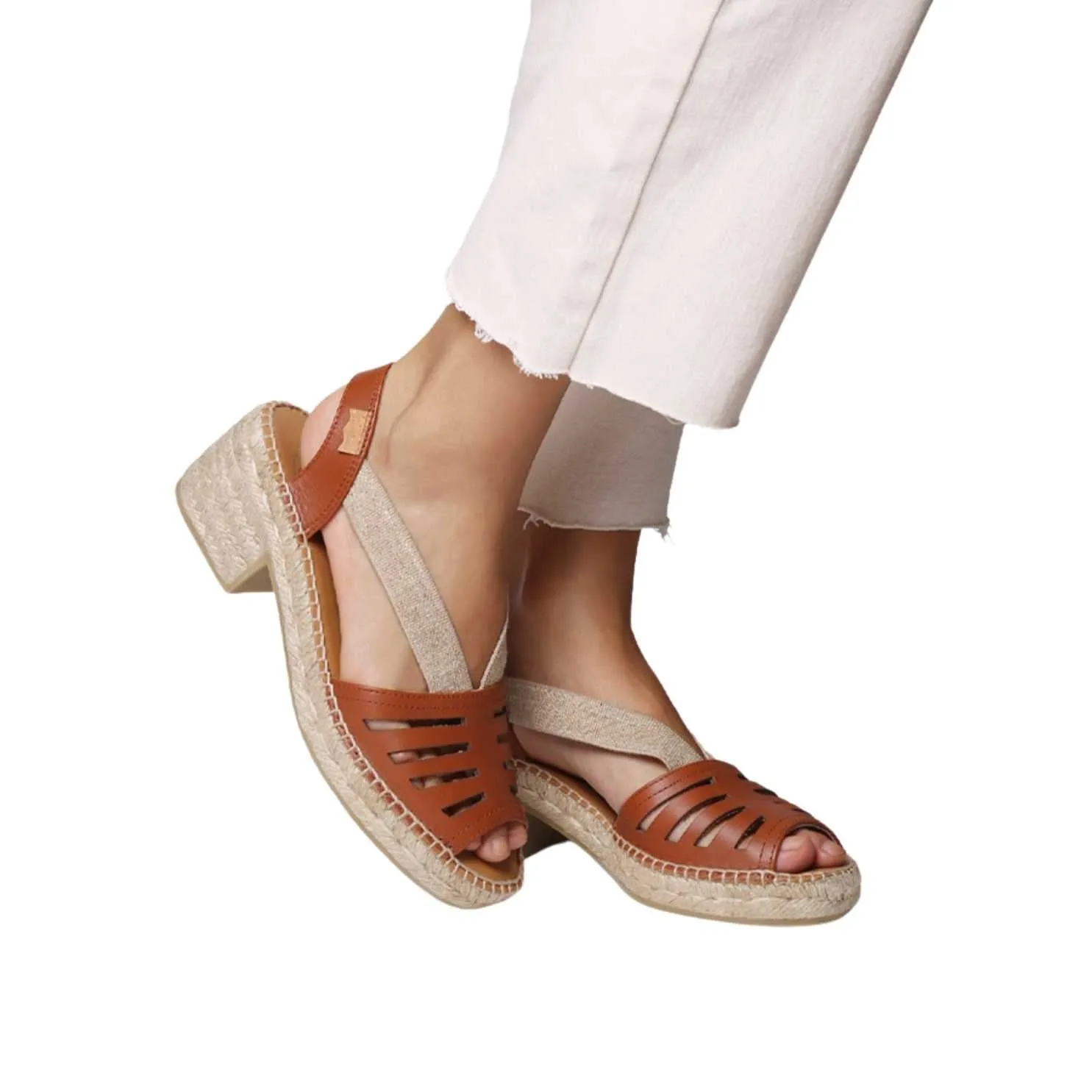 Open Toe Leather Espadrille with Wide Heel for Women - Dima