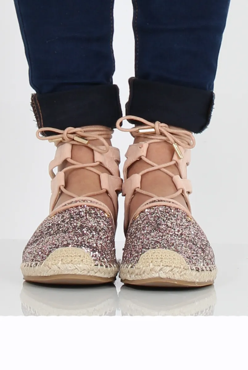 Pink Glitter Lace Up Espadrilles - Bonnie