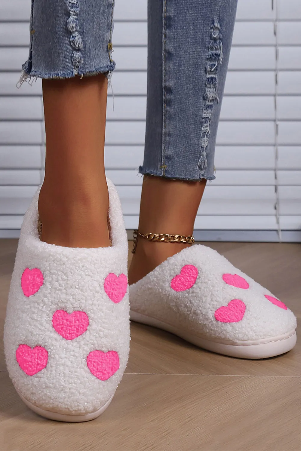 Pink Heart Pattern Valentines Fuzzy Winter Slippers