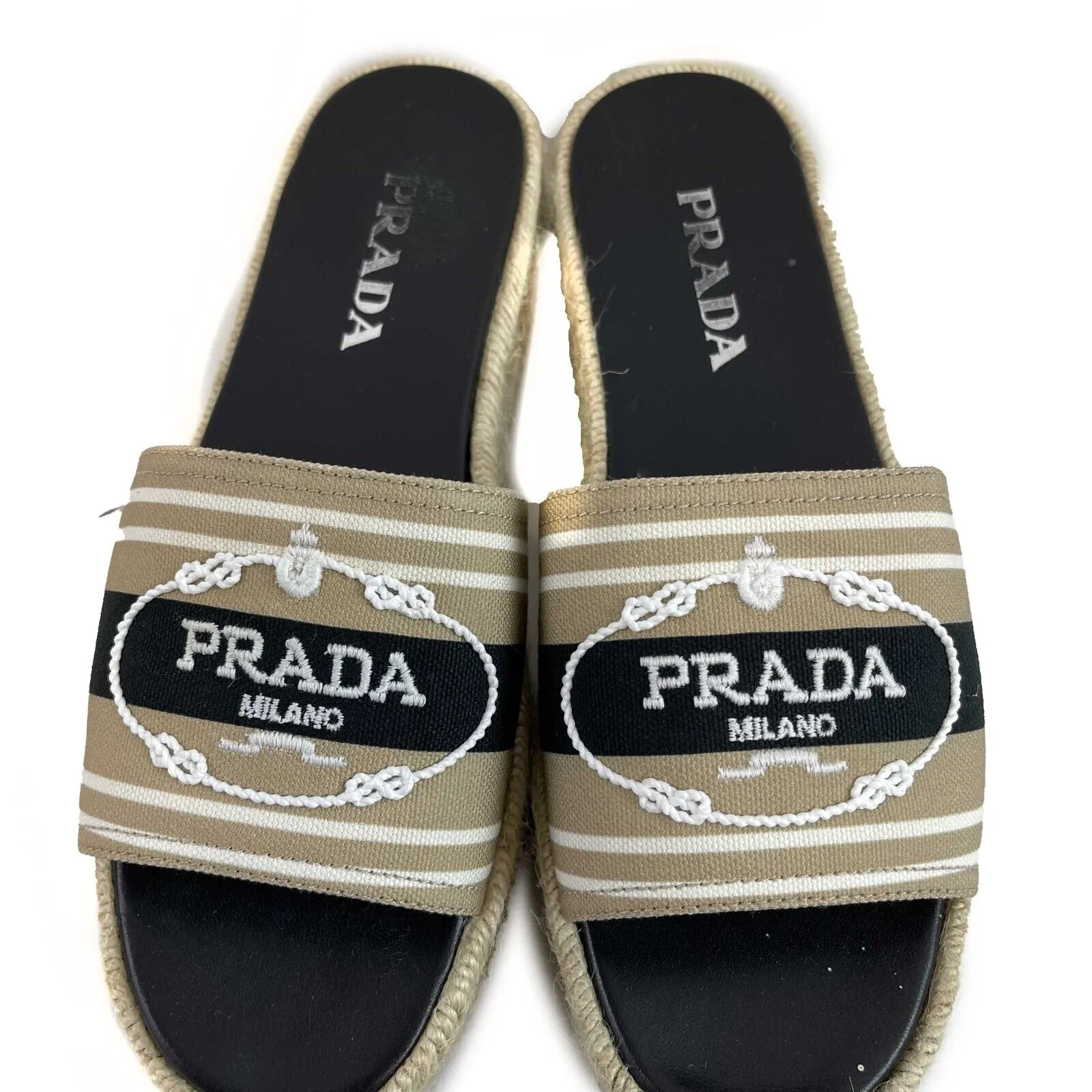 Prada Excellent Corda Espadrille Slide Embroidered Strip Platform 39.5 US 9.5