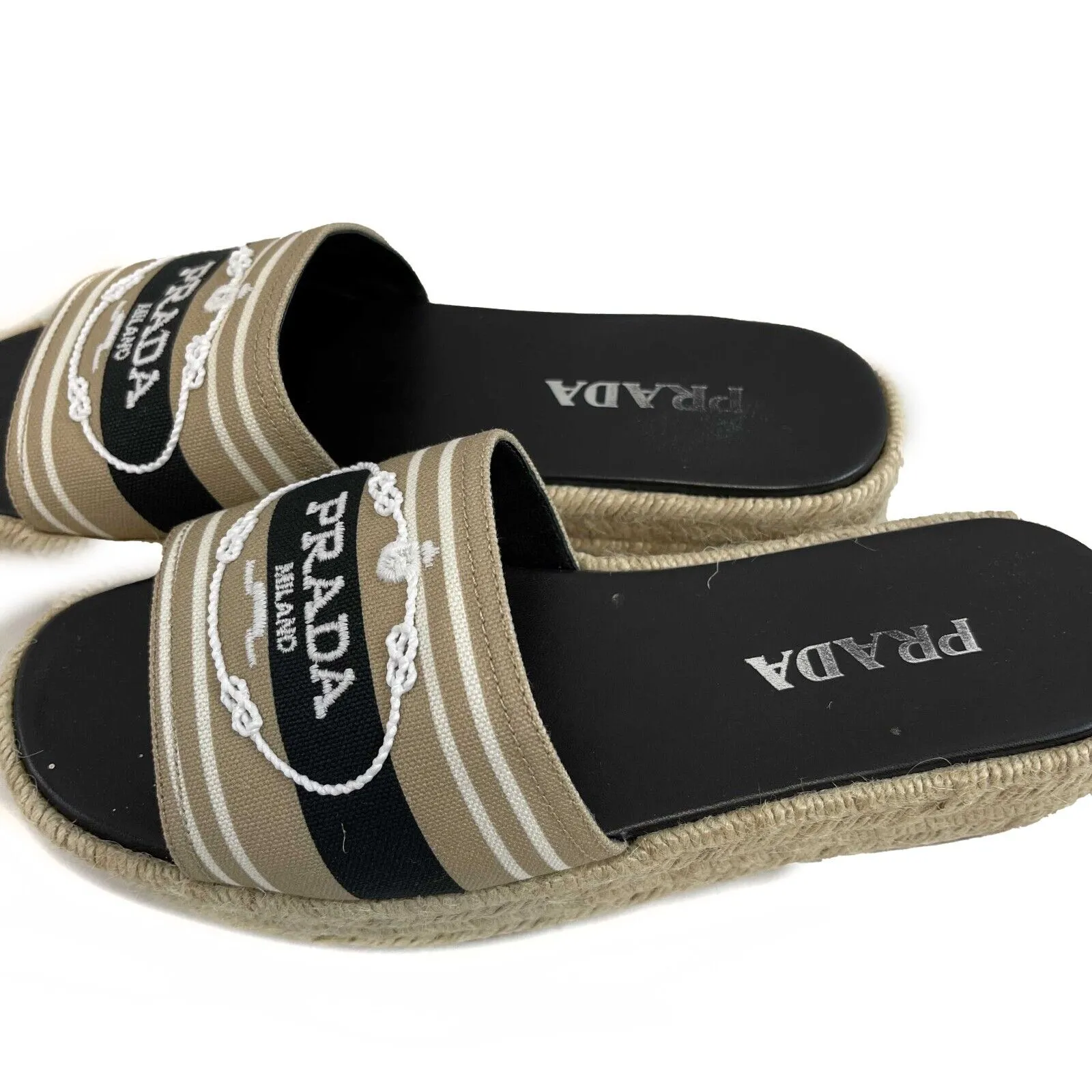 Prada Excellent Corda Espadrille Slide Embroidered Strip Platform 39.5 US 9.5
