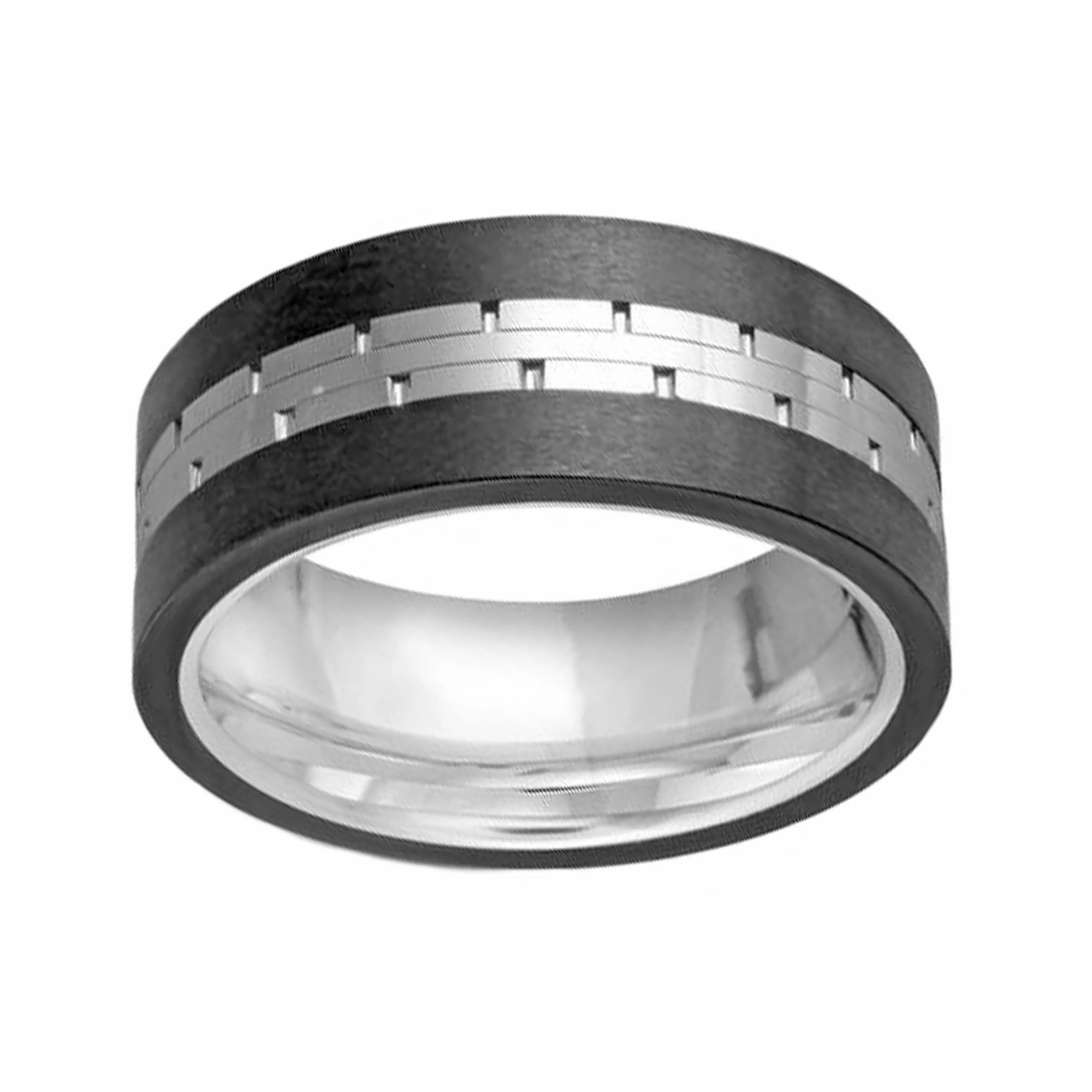 Rathka Signature Tungsten Black Edge White Brick Centre Ring Wedding Band Ring