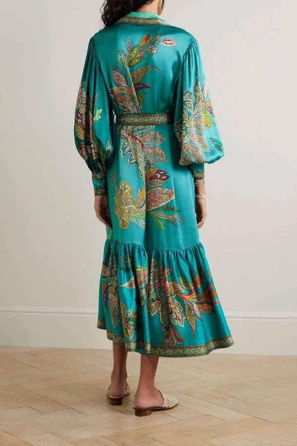 Resort Style satin Unique Printed Lapel Lantern Sleeve Lace-up Midi Dress