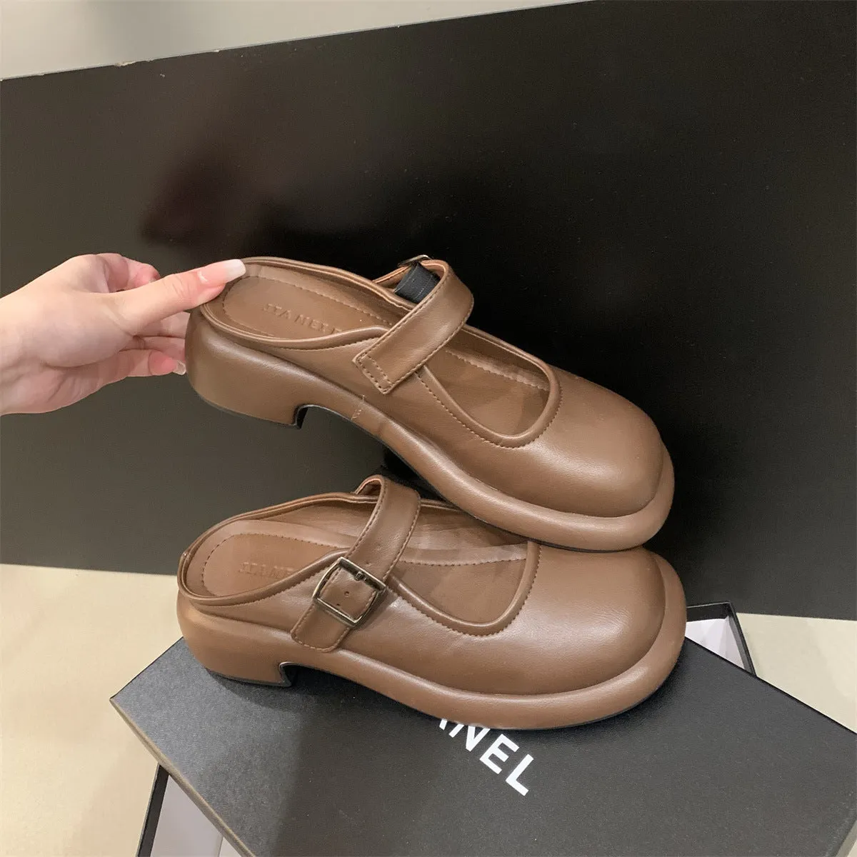 Retro Round Toe Thick Sole Thick Heel Slippers Women's Flat Shoes