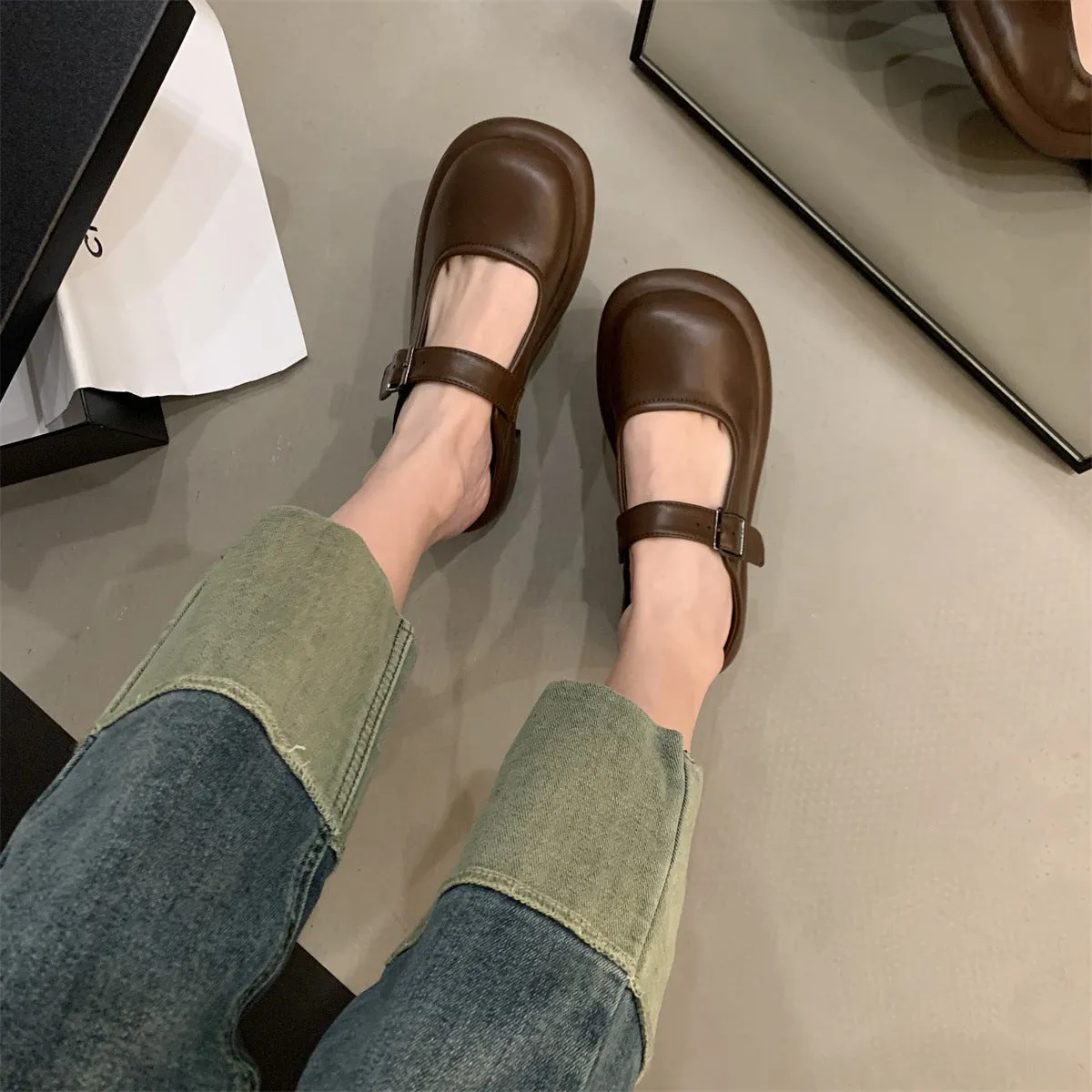 Retro Round Toe Thick Sole Thick Heel Slippers Women's Flat Shoes