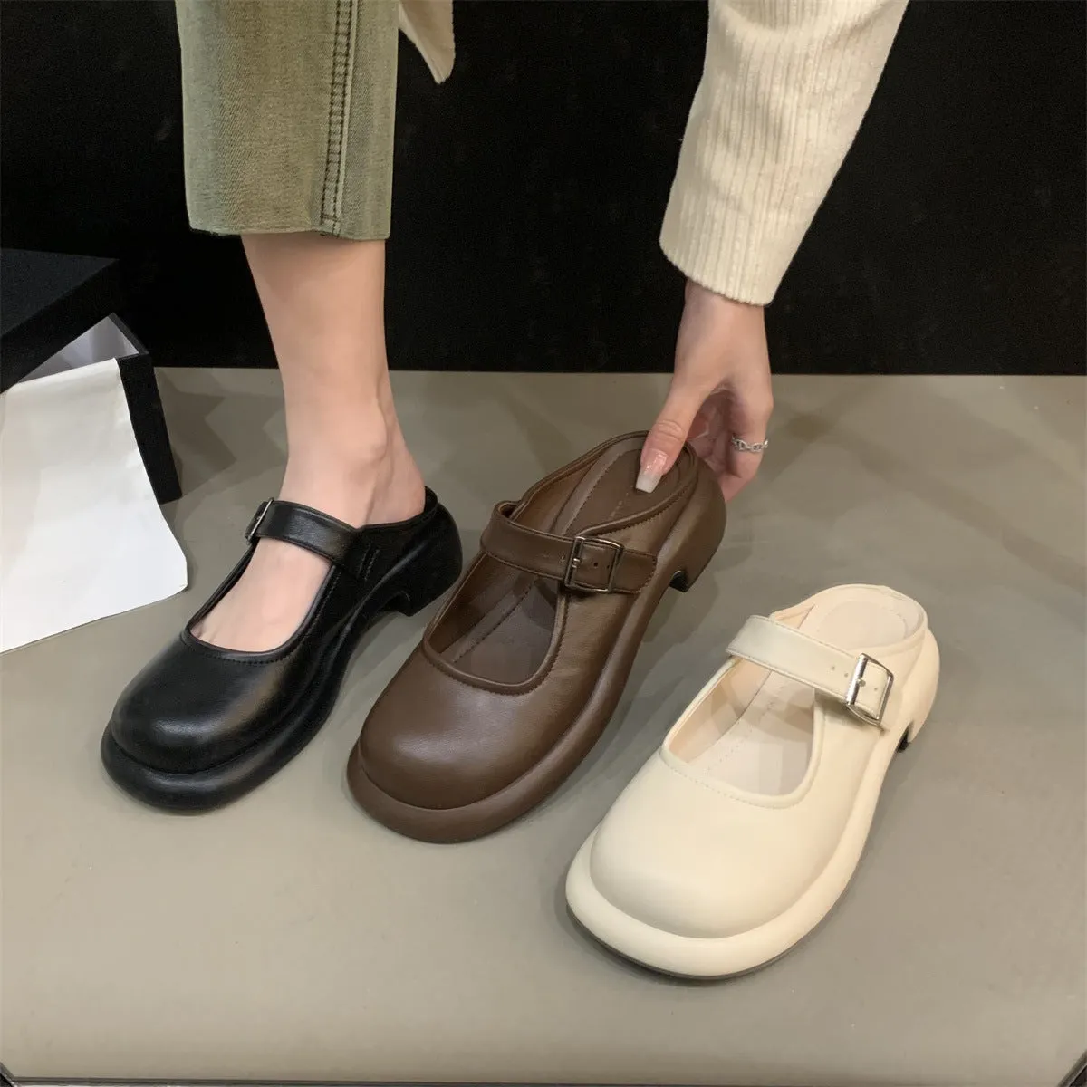 Retro Round Toe Thick Sole Thick Heel Slippers Women's Flat Shoes