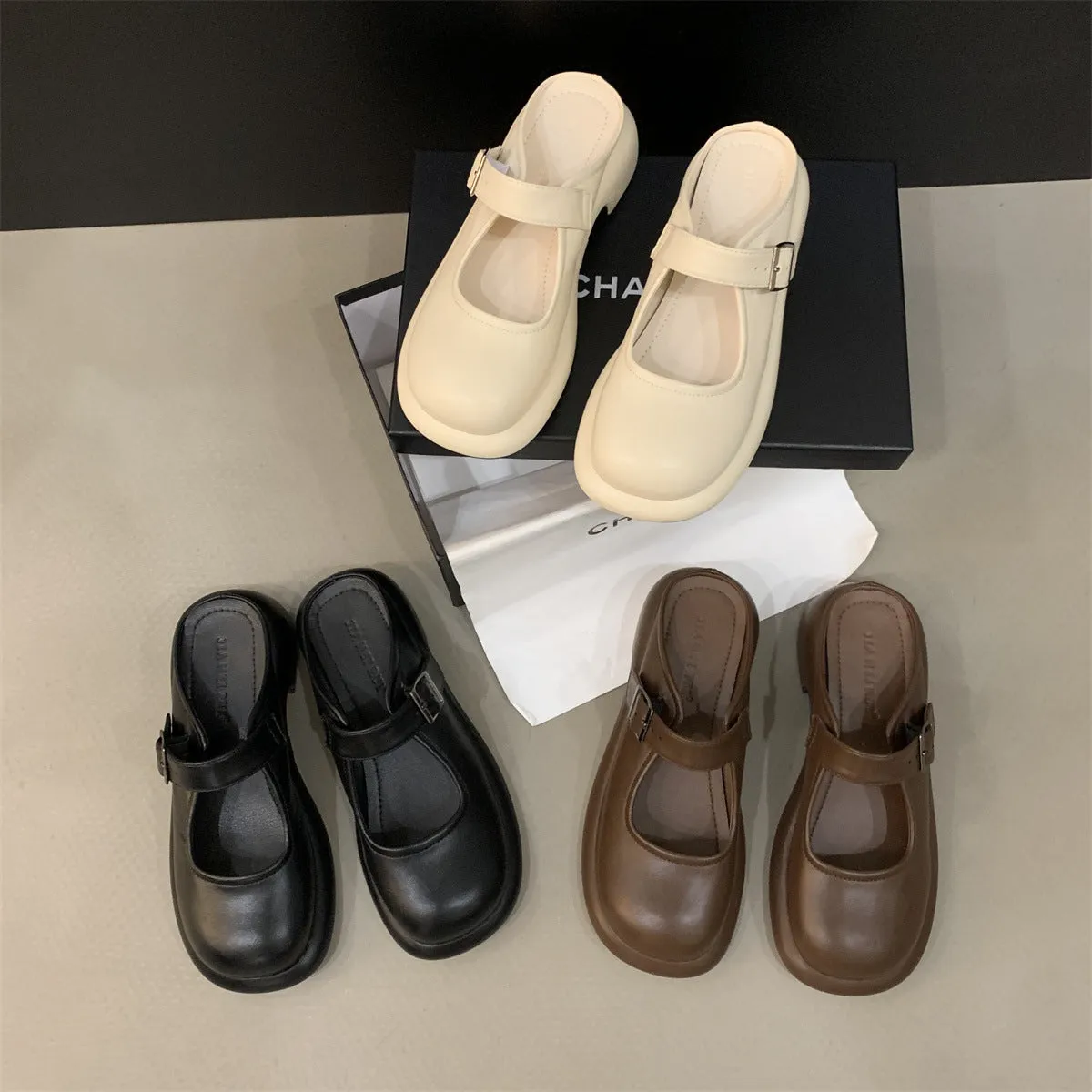 Retro Round Toe Thick Sole Thick Heel Slippers Women's Flat Shoes
