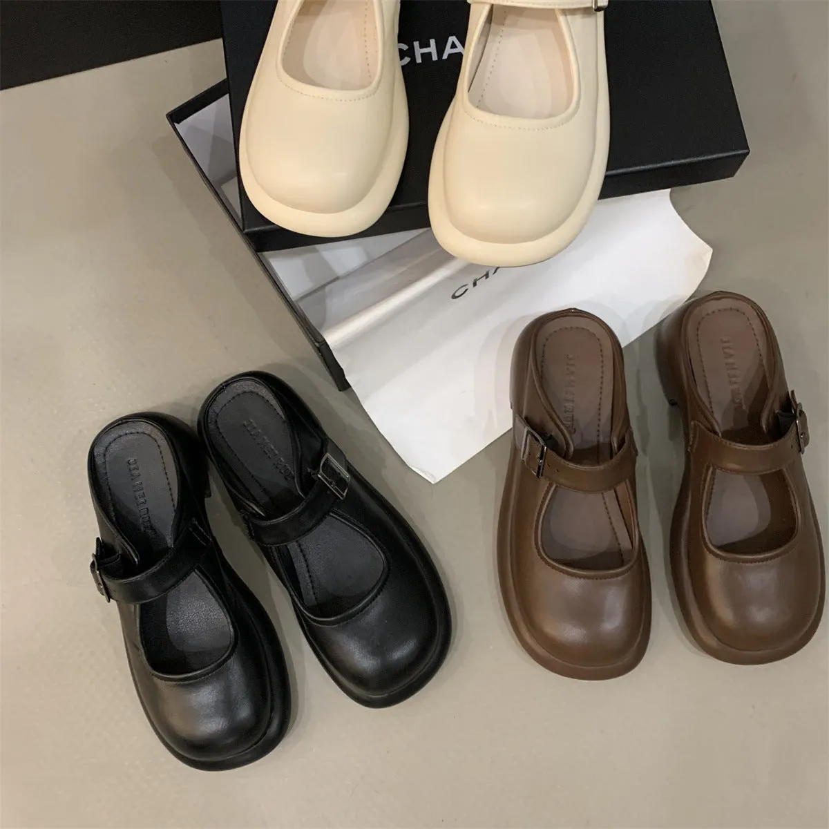 Retro Round Toe Thick Sole Thick Heel Slippers Women's Flat Shoes
