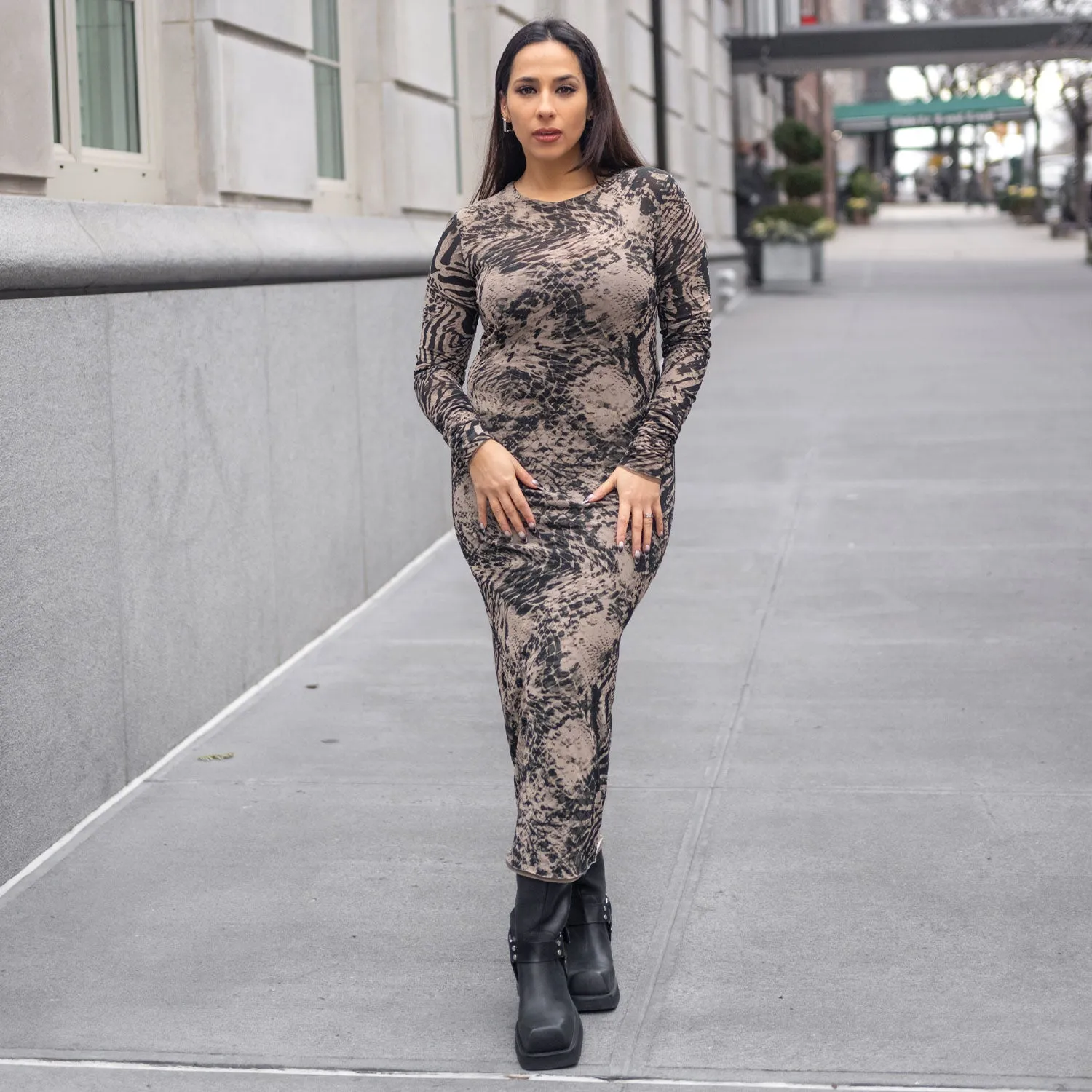 Reversible Animal-Print Mesh Dress in Brown & Green
