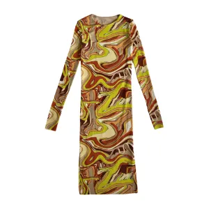 Reversible Print Mesh Dress in Brown & Yellow Green