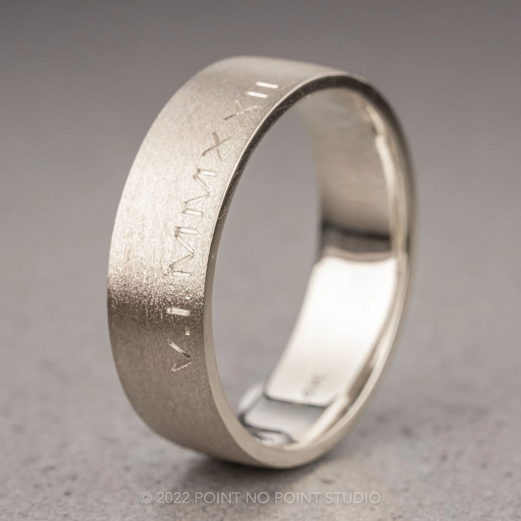 Roman Numeral, 6mm 14K White Gold Comfort Fit Men's Wedding Band, Matte Finish