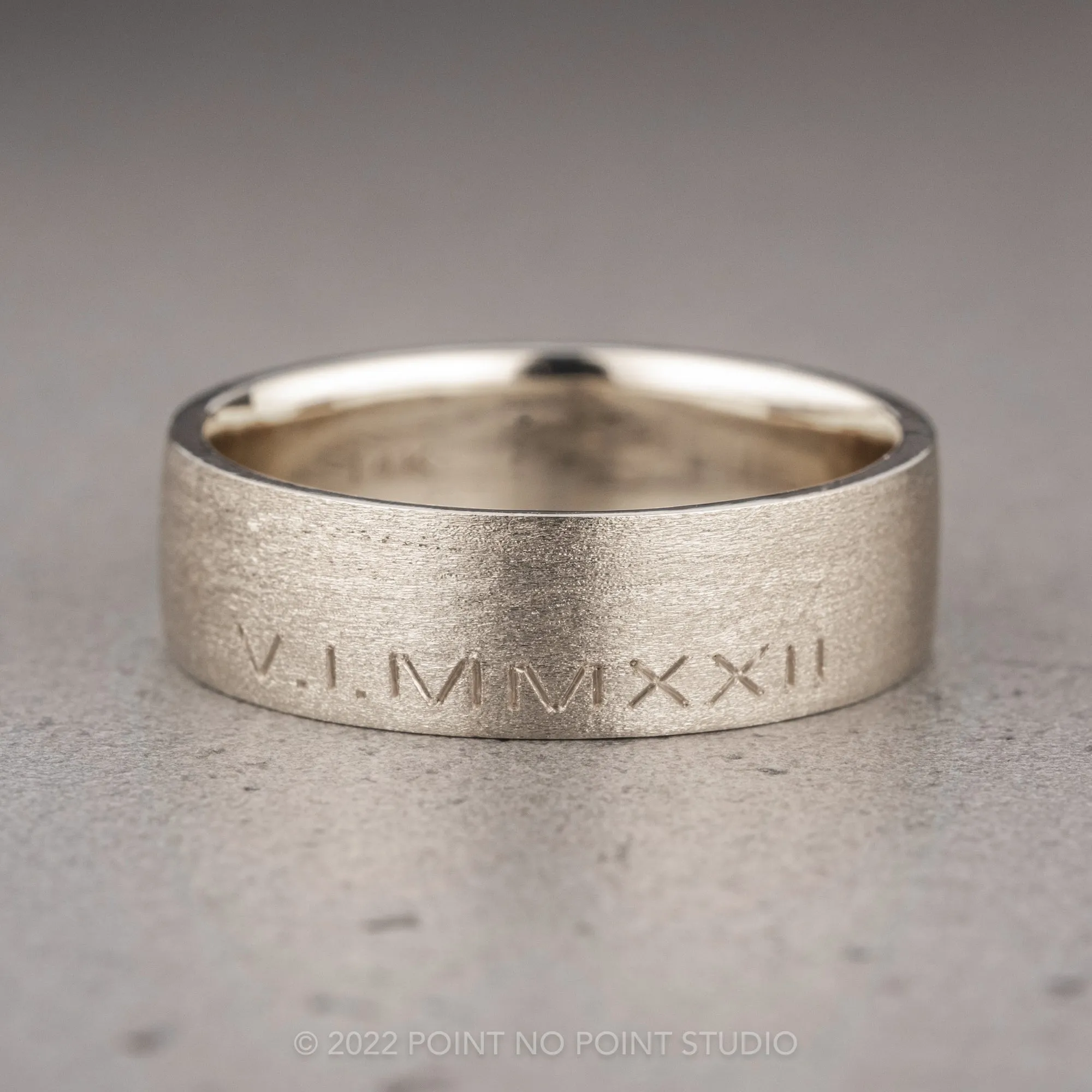 Roman Numeral, 6mm 14K White Gold Comfort Fit Men's Wedding Band, Matte Finish