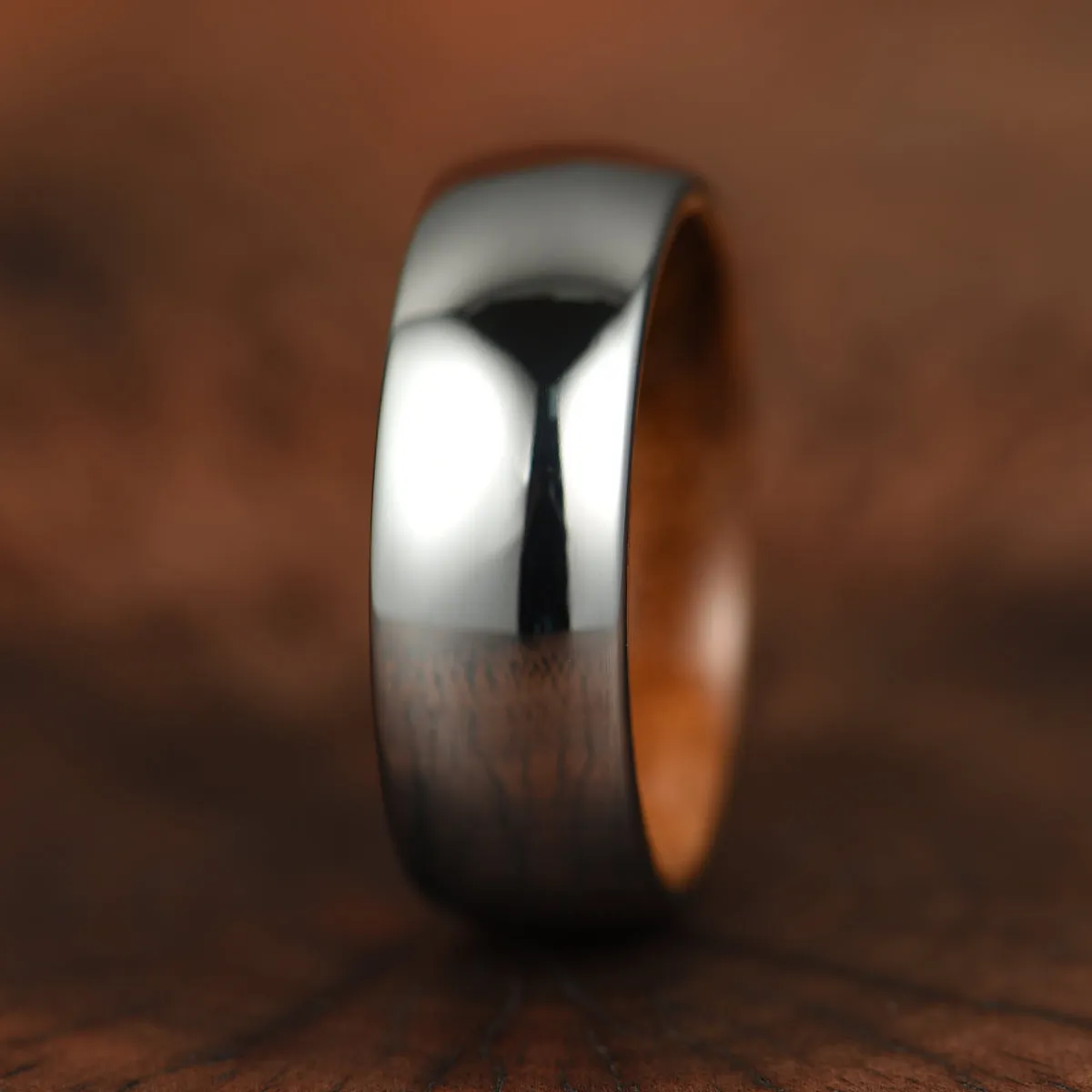 Rounded Comfort Fit Polished Silver Titanium Koa Wood Men's Wedding Band 8MM