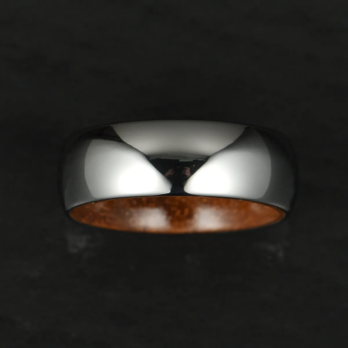 Rounded Comfort Fit Polished Silver Titanium Koa Wood Men's Wedding Band 8MM