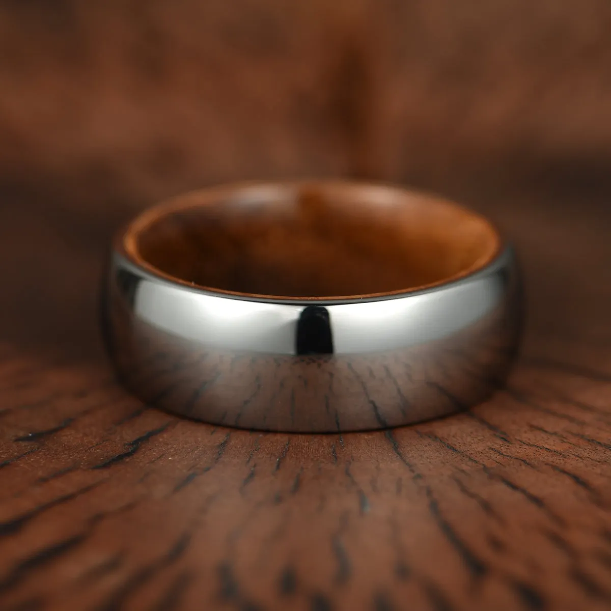 Rounded Comfort Fit Polished Silver Titanium Koa Wood Men's Wedding Band 8MM