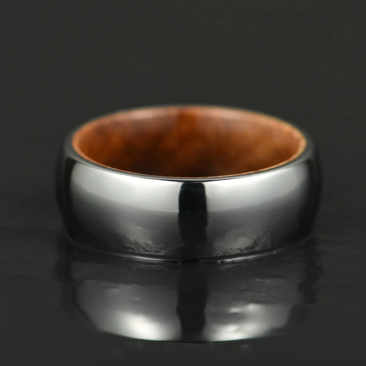Rounded Comfort Fit Polished Silver Titanium Koa Wood Men's Wedding Band 8MM