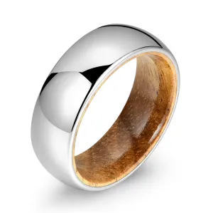 Rounded Comfort Fit Polished Silver Titanium Koa Wood Men's Wedding Band 8MM