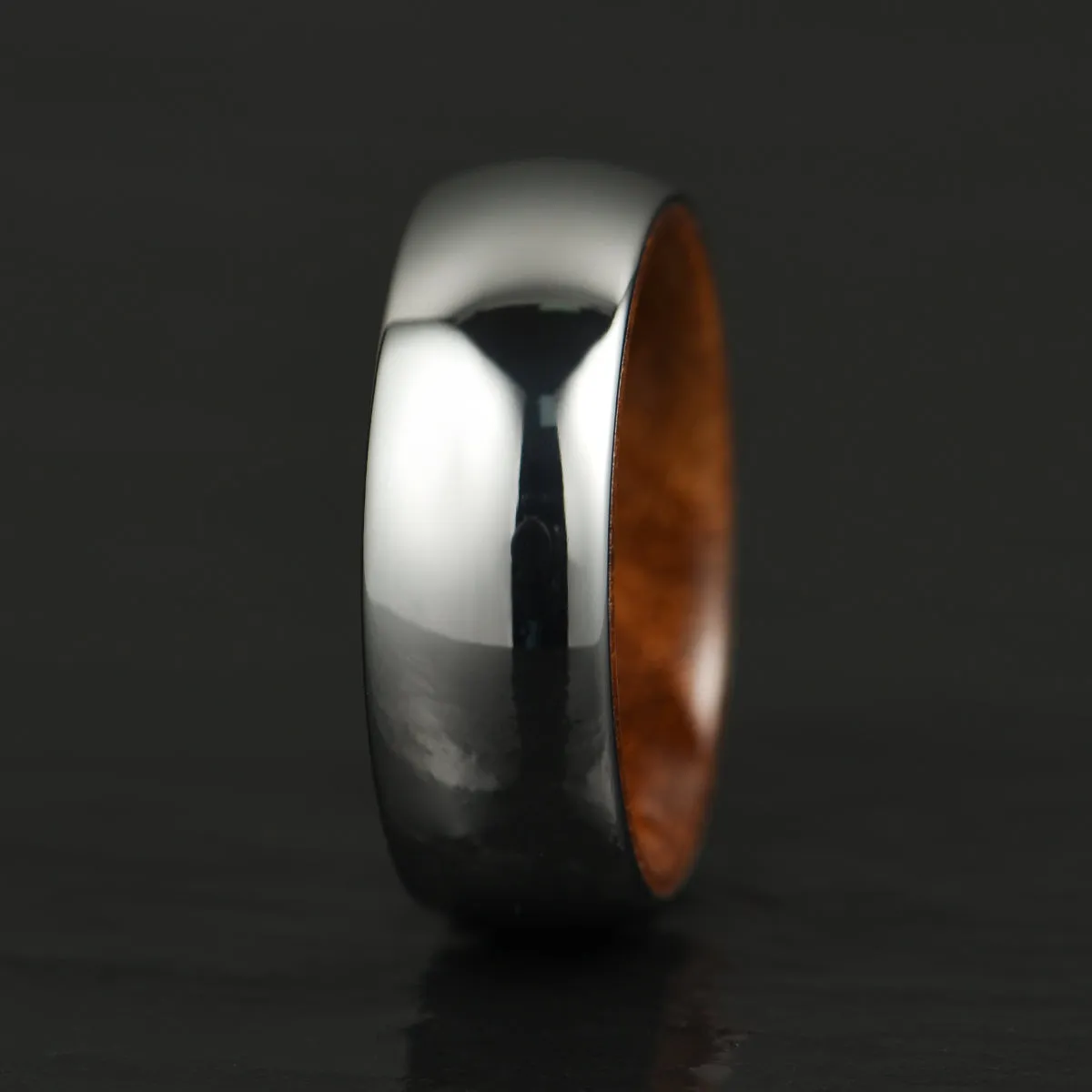 Rounded Comfort Fit Polished Silver Titanium Koa Wood Men's Wedding Band 8MM