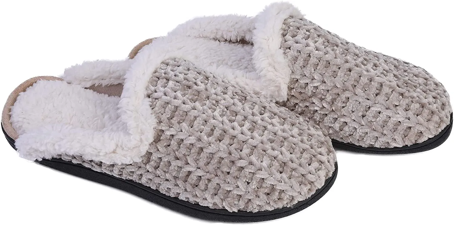 Roxoni Memory Foam Slippers for Women Plush Heels and Anti-Skid Rubber Sole