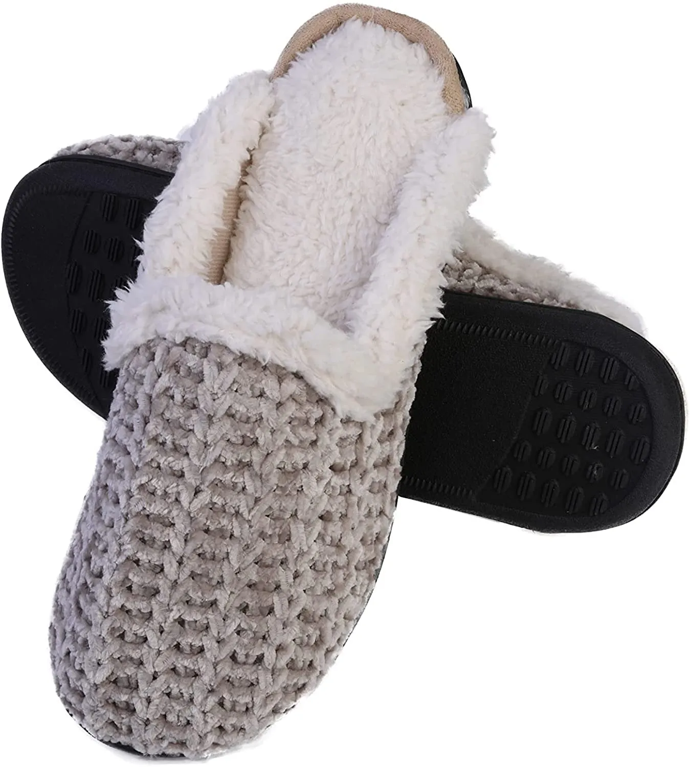 Roxoni Memory Foam Slippers for Women Plush Heels and Anti-Skid Rubber Sole
