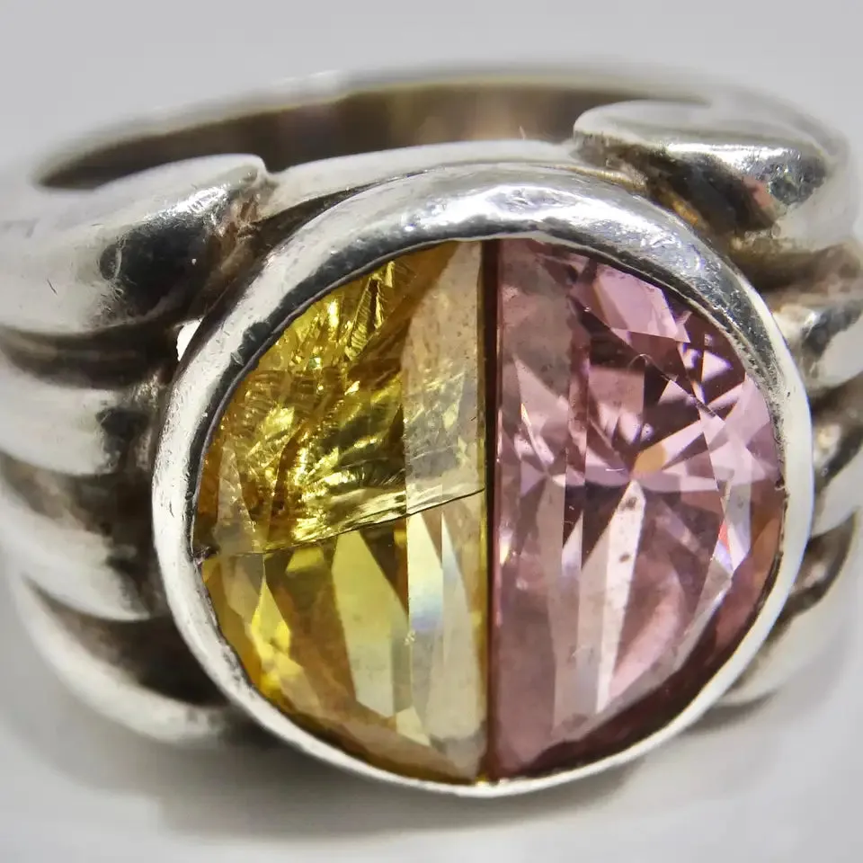Silver 925 Pink and Yellow Quartz Ring Circa 1960