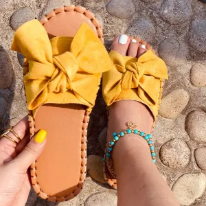 Solid Bowknot Flat Sandals