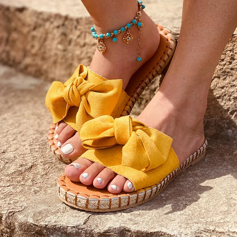 Solid Bowknot Flat Sandals