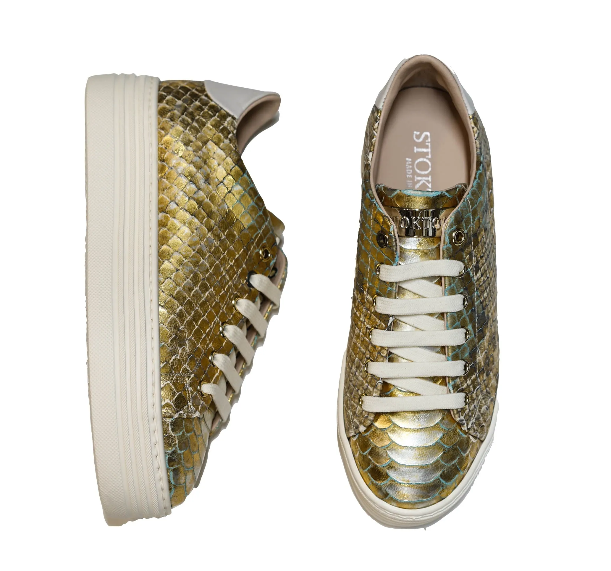 Stokton Women's Gold Leather Printed Sneaker 675U