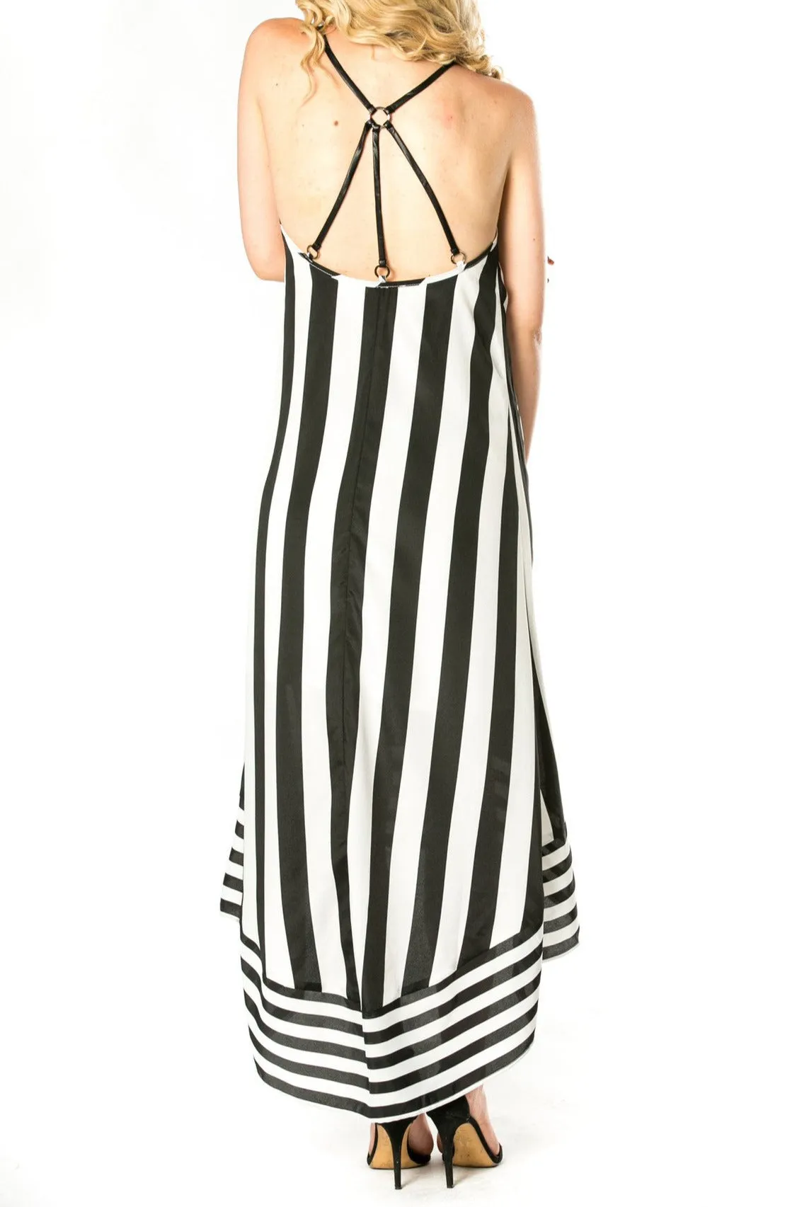 Striped High-Low Dress With Crossed Straps