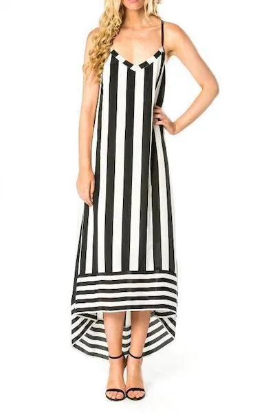 Striped High-Low Dress With Crossed Straps