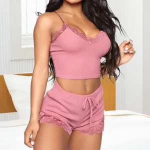 Sweet Blush Lace Trim Ribbed Lounge Set