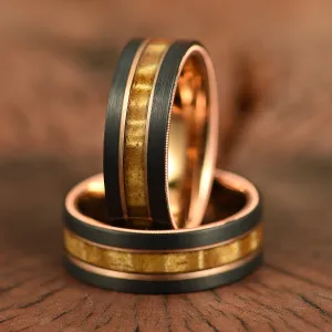 The Hawaiian - Hawaiian Koa Wood & Guitar String Black & Rose Tungsten Mens Wedding Ring 8MM