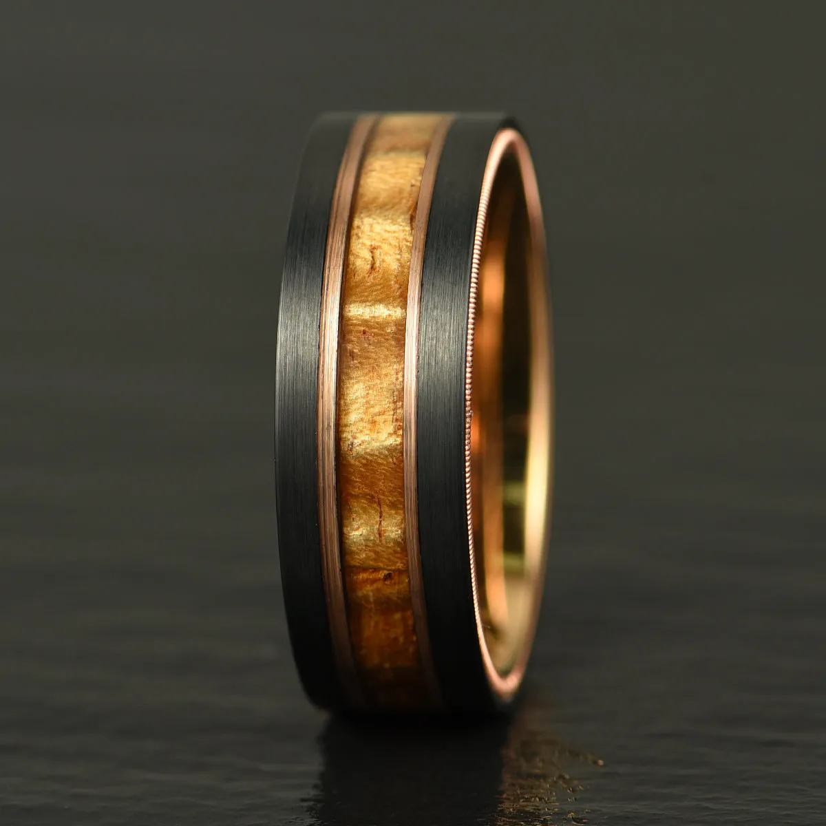 The Hawaiian - Hawaiian Koa Wood & Guitar String Black & Rose Tungsten Mens Wedding Ring 8MM