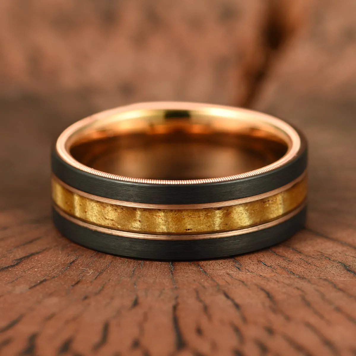 The Hawaiian - Hawaiian Koa Wood & Guitar String Black & Rose Tungsten Mens Wedding Ring 8MM