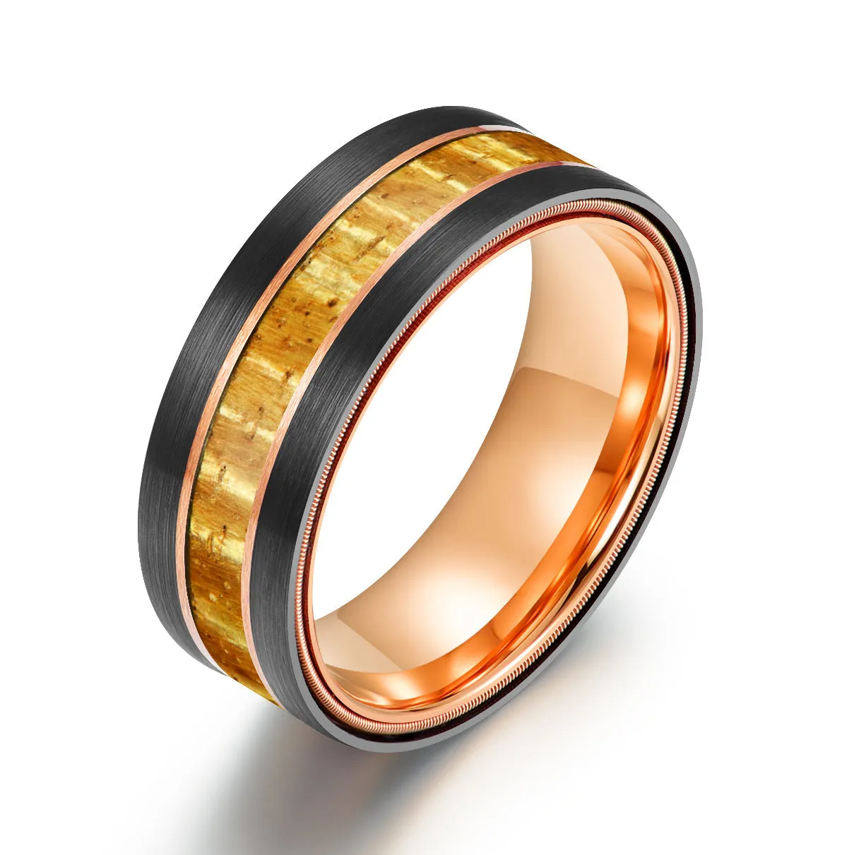 The Hawaiian - Hawaiian Koa Wood & Guitar String Black & Rose Tungsten Mens Wedding Ring 8MM