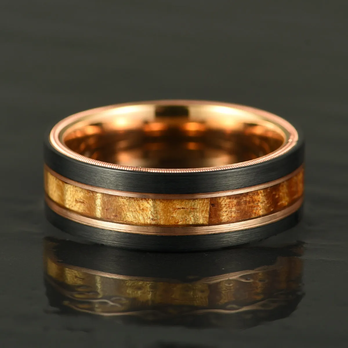 The Hawaiian - Hawaiian Koa Wood & Guitar String Black & Rose Tungsten Mens Wedding Ring 8MM