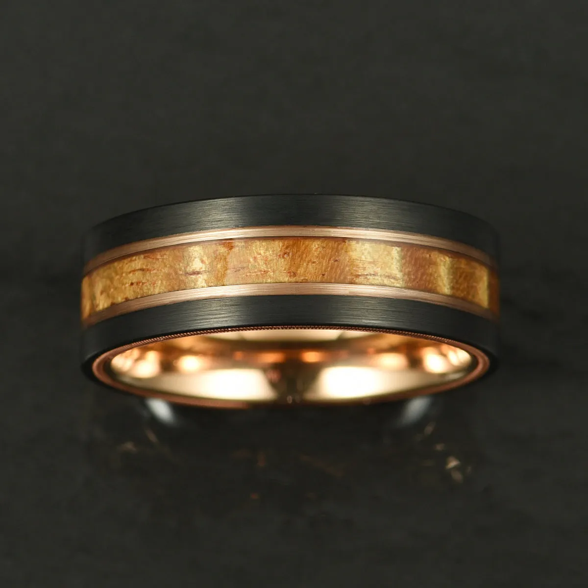 The Hawaiian - Hawaiian Koa Wood & Guitar String Black & Rose Tungsten Mens Wedding Ring 8MM