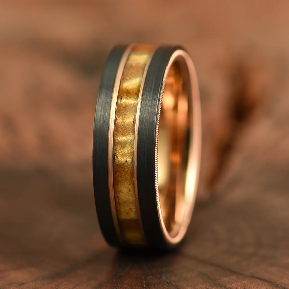 The Hawaiian - Hawaiian Koa Wood & Guitar String Black & Rose Tungsten Mens Wedding Ring 8MM