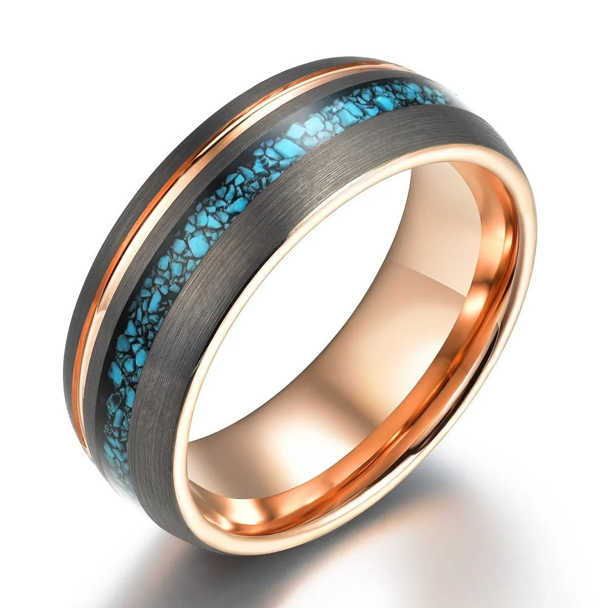 The Rosy Blue Ring - Crushed Turquoise Rose Tungsten Wedding Band 4MM 6MM 8MM